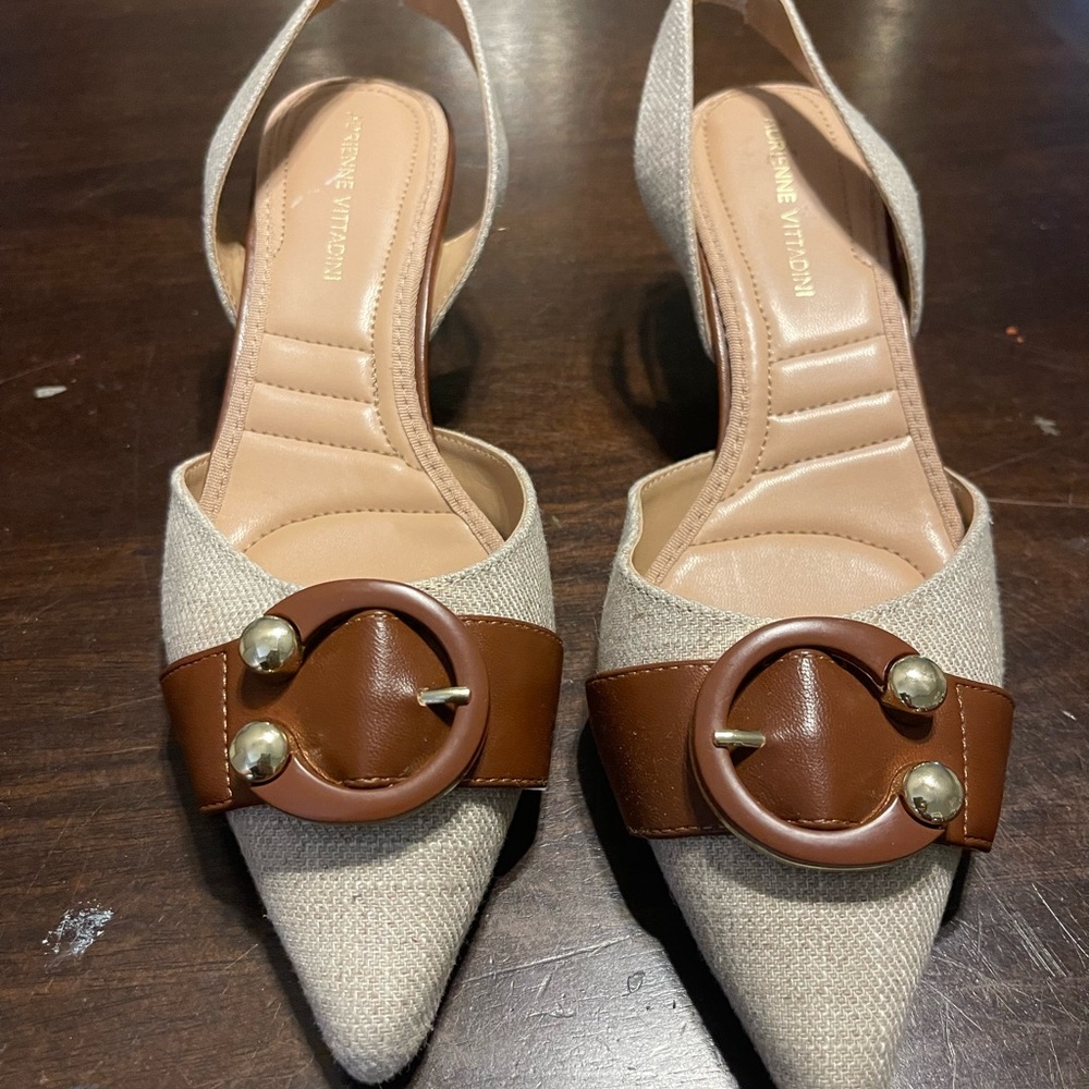 Adrienne Vittadini Cream and Brown Slingback Heels
